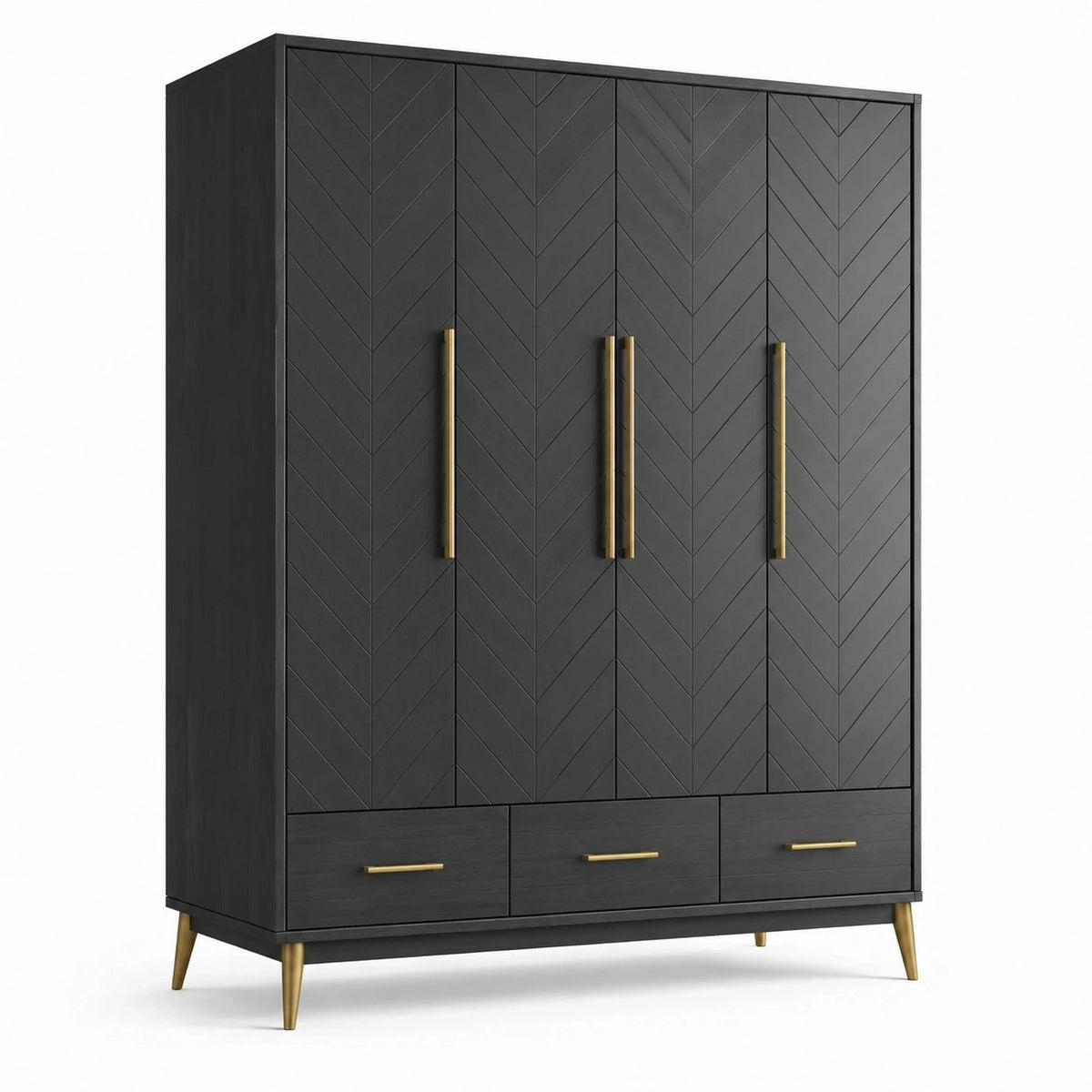 Armoire à 4 portes et 3 tiroirs en bois noir et métal doré, 160 x 55 x 200 cm, style contemporain