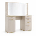 Coiffeuse beige et dorée avec miroir éclairé, 5 tiroirs et rangement, 140 x 45 x 150 cm