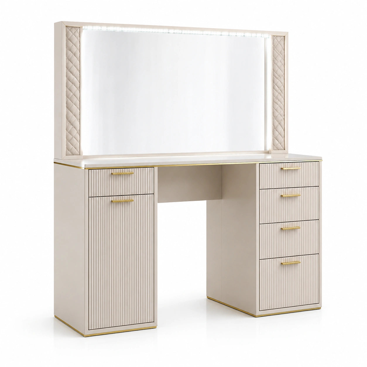 Coiffeuse beige et dorée avec miroir éclairé, 5 tiroirs et rangement, 140 x 45 x 150 cm