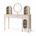 Coiffeuse beige et dorée avec miroir rond, 3 tiroirs et rangements, 120 x 40 x 140 cm