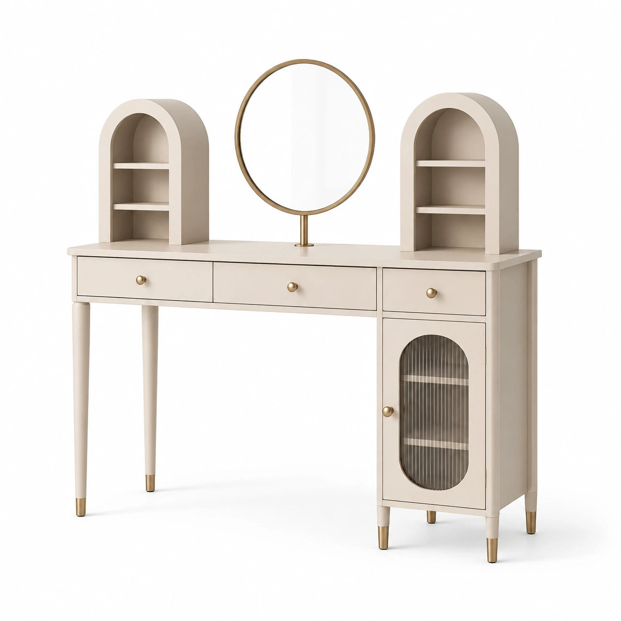 Coiffeuse beige et dorée avec miroir rond, 3 tiroirs et rangements, 120 x 40 x 140 cm