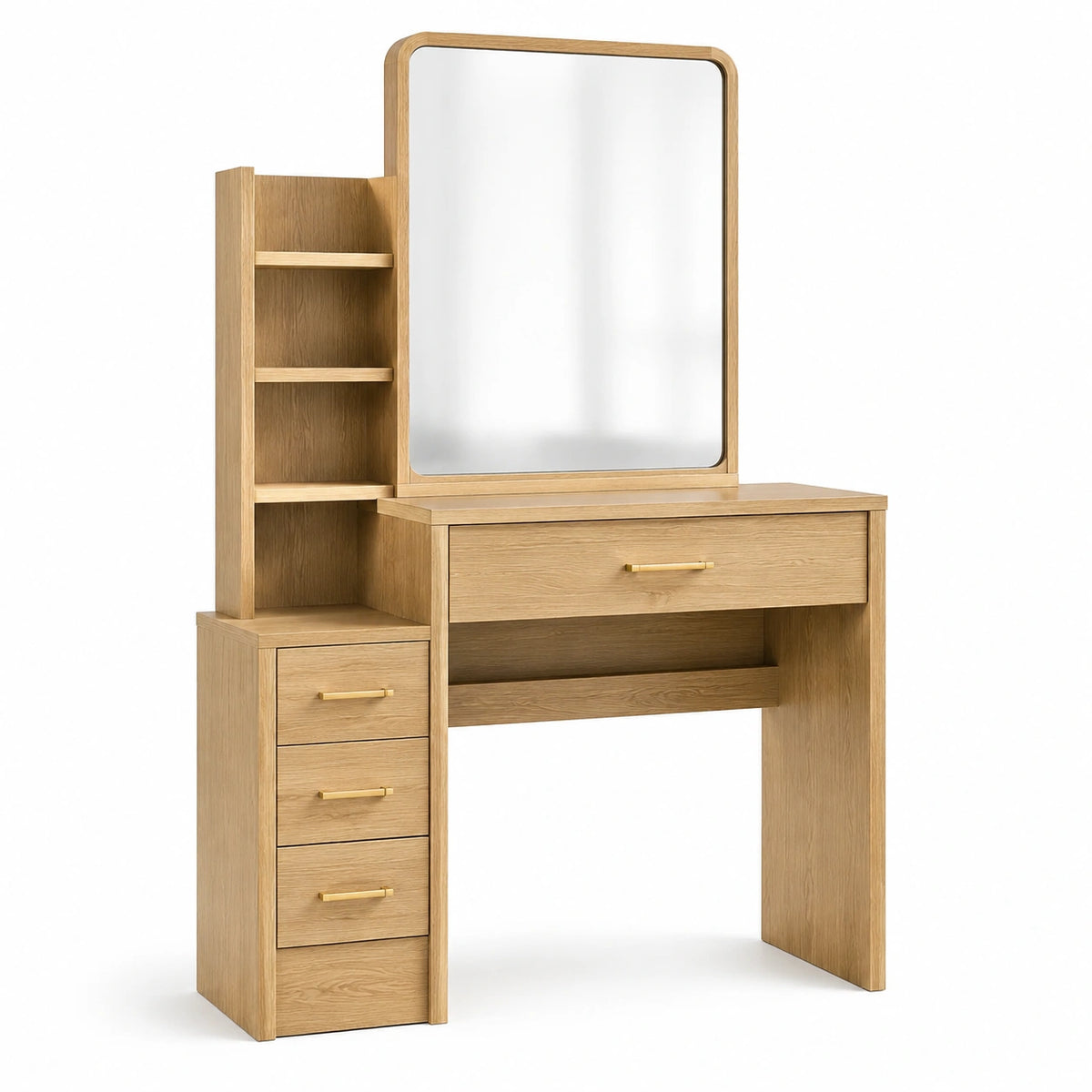 Coiffeuse en bois beige avec miroir, 4 tiroirs et niches, 120 x 40 x 160 cm, effet chêne clair