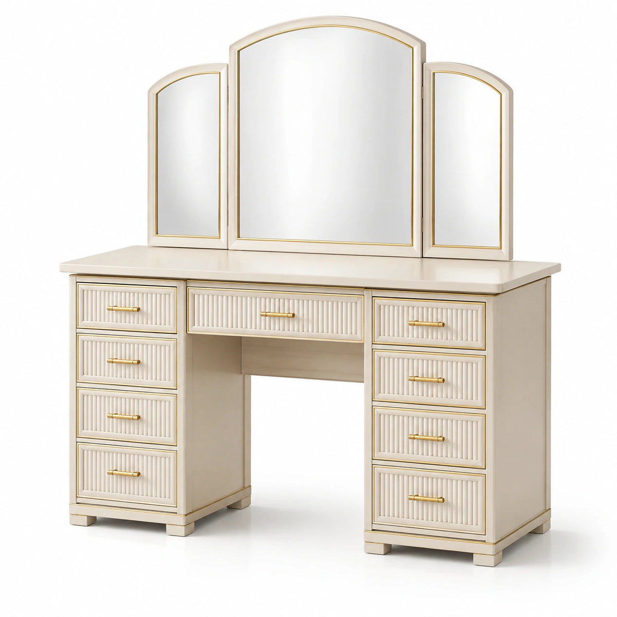 Coiffeuse en bois blanc cassé et doré avec miroir triptyque et 9 tiroirs, 120 x 45 x 145 cm