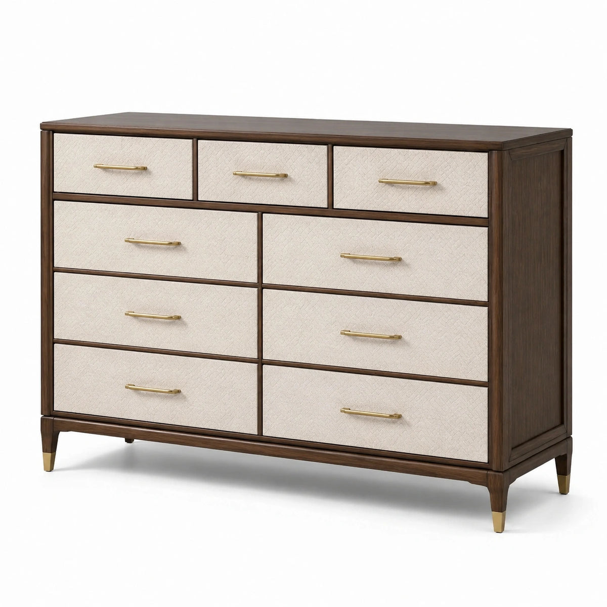 Commode contemporaine à 9 tiroirs, bois brun et façades beiges, 152 x 46 x 91 cm