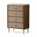 Commode haute à 4 tiroirs en bois brun, tissu beige et finitions dorées, 75 x 45 x 105 cm