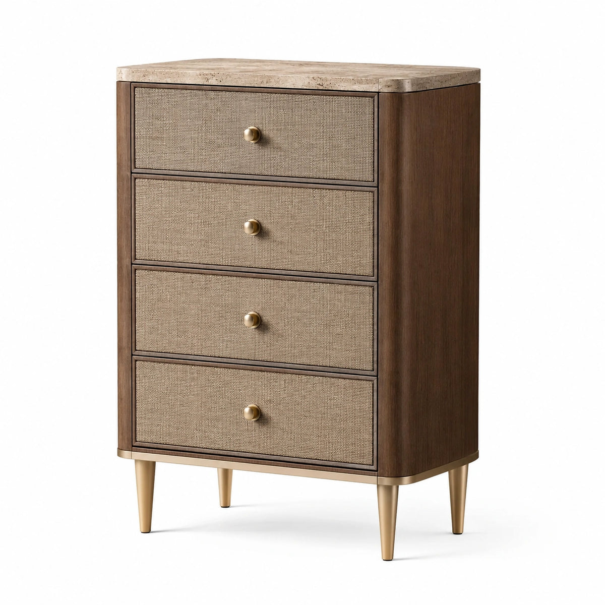 Commode haute à 4 tiroirs en bois brun, tissu beige et finitions dorées, 75 x 45 x 105 cm