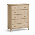 Commode à 5 tiroirs en bois clair et cannage de rotin beige avec poignées dorées, 85 x 40 x 120 cm