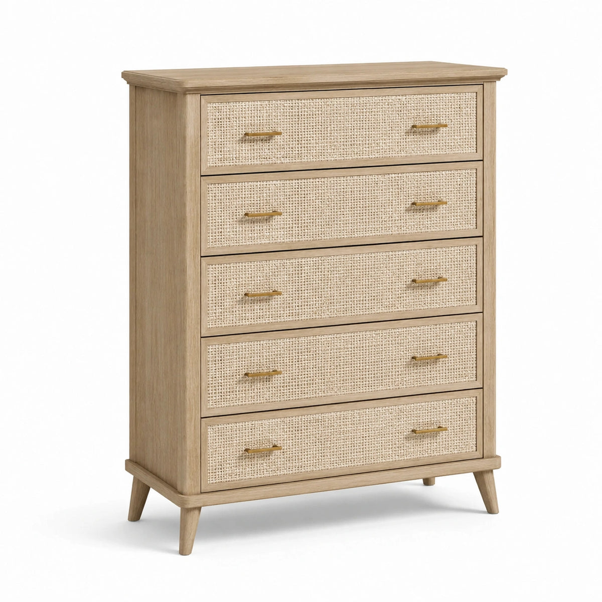 Commode à 5 tiroirs en bois clair et cannage de rotin beige avec poignées dorées, 85 x 40 x 120 cm