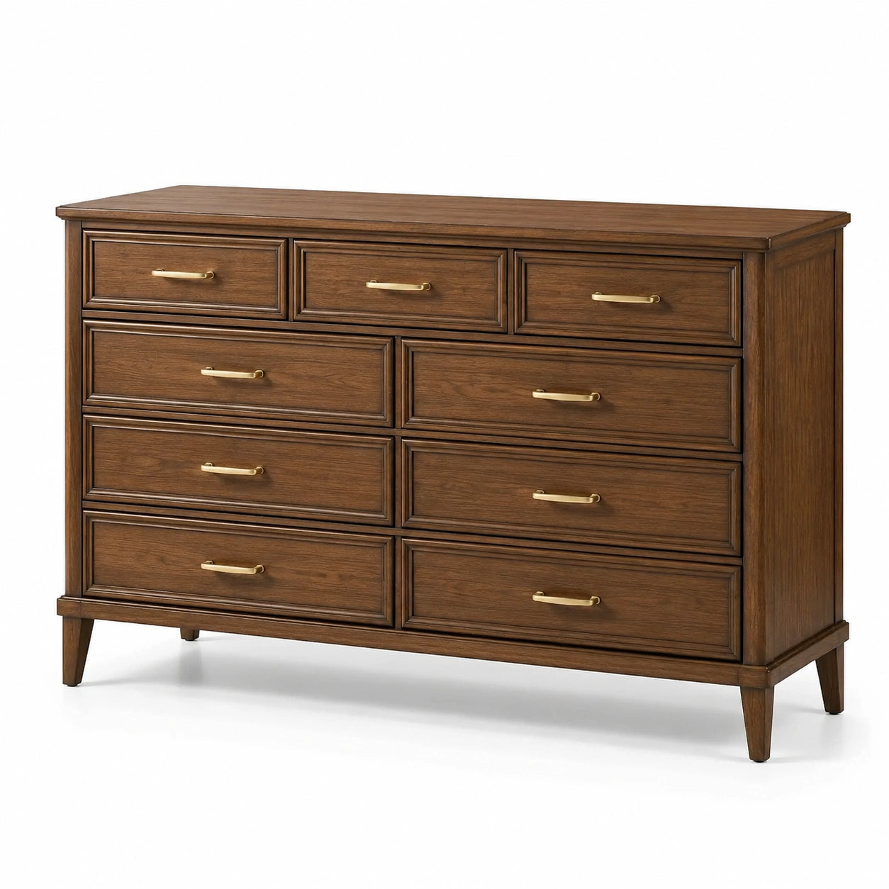 Commode brune à 9 tiroirs avec poignées dorées, 150 x 45 x 95 cm
