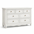 Commode en bois à 7 tiroirs, blanc vieilli et bronze, 145 x 48 x 91 cm, style classique