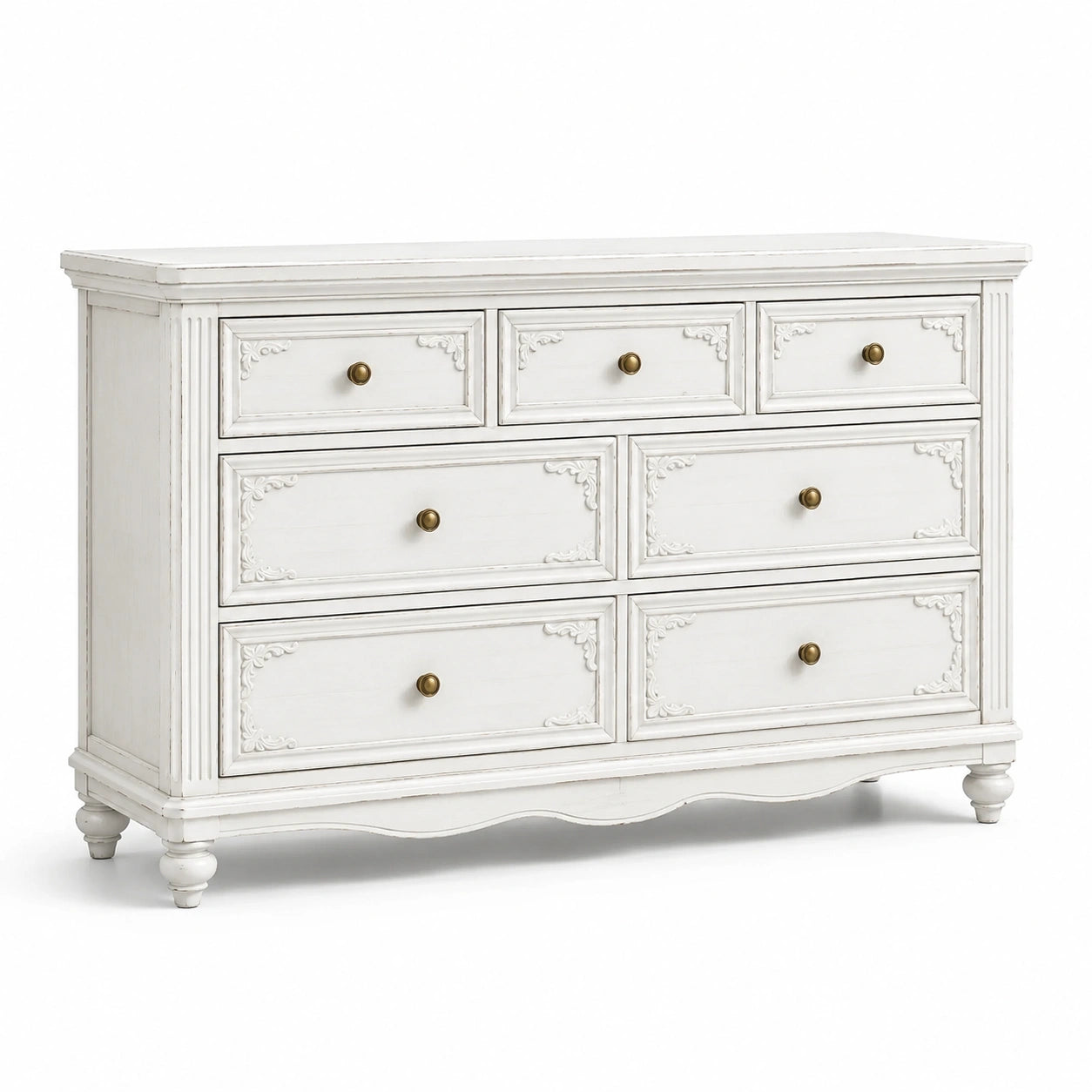 Commode en bois à 7 tiroirs, blanc vieilli et bronze, 145 x 48 x 91 cm, style classique