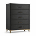 Commode haute à 5 tiroirs, 85 x 45 x 120 cm, bois noir et métal doré, style contemporain