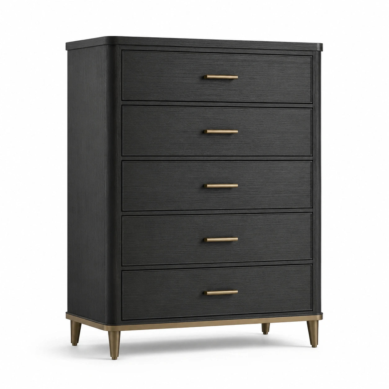 Commode haute à 5 tiroirs, 85 x 45 x 120 cm, bois noir et métal doré, style contemporain