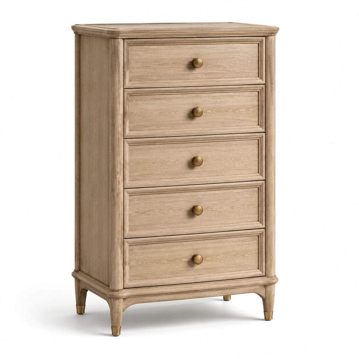 Commode haute à 5 tiroirs en bois beige et doré, 80 x 45 x 125 cm, style classique