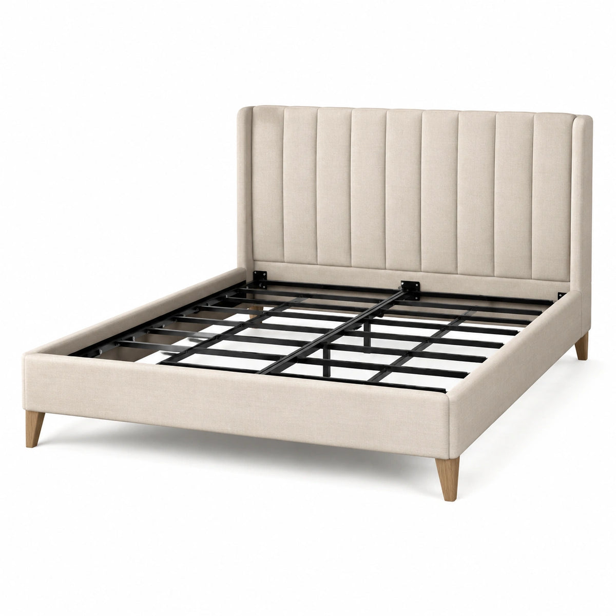 Lit double 160 x 200 cm beige avec tête de lit rembourrée et sommier métallique