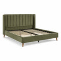 Lit double 160 x 200 cm en velours vert olive avec tête de lit rembourrée et sommier à lattes