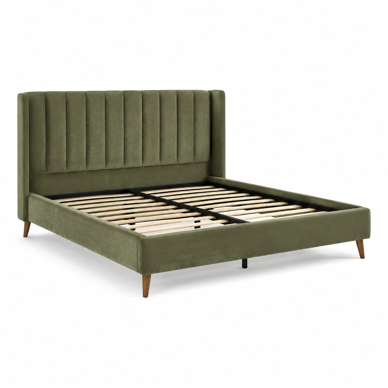 Lit double 160 x 200 cm en velours vert olive avec tête de lit rembourrée et sommier à lattes