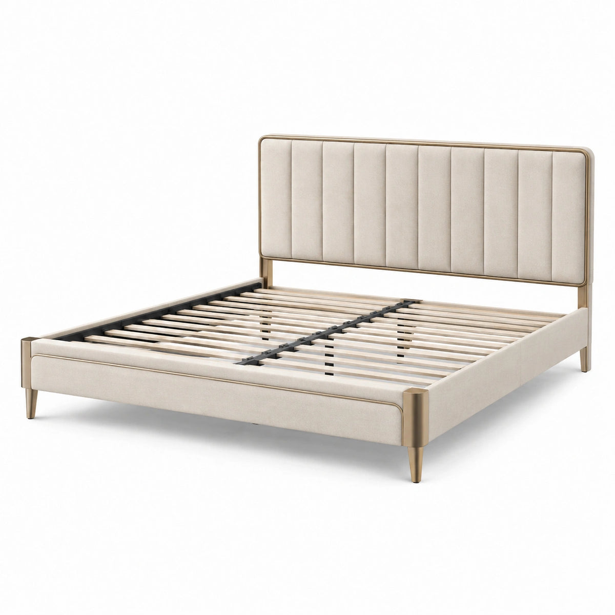 Lit double 160 x 200 cm en tissu beige et métal doré avec tête de lit rembourrée, 212 x 170 x 110 cm