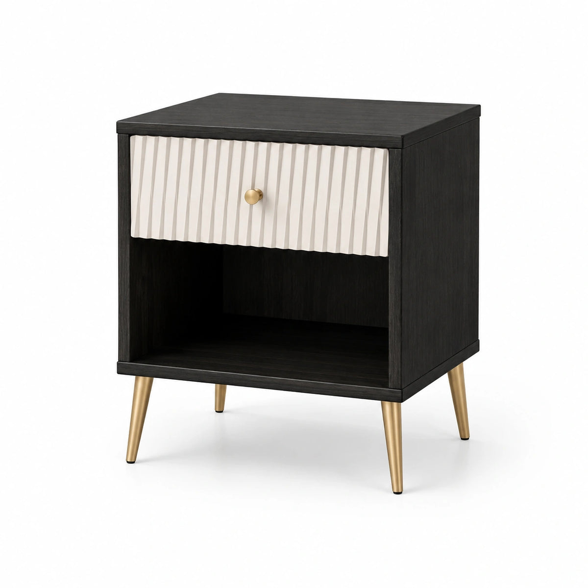 Table de chevet noire et blanc cassé 50 x 40 x 60 cm avec tiroir cannelé, niche ouverte et pieds dorés