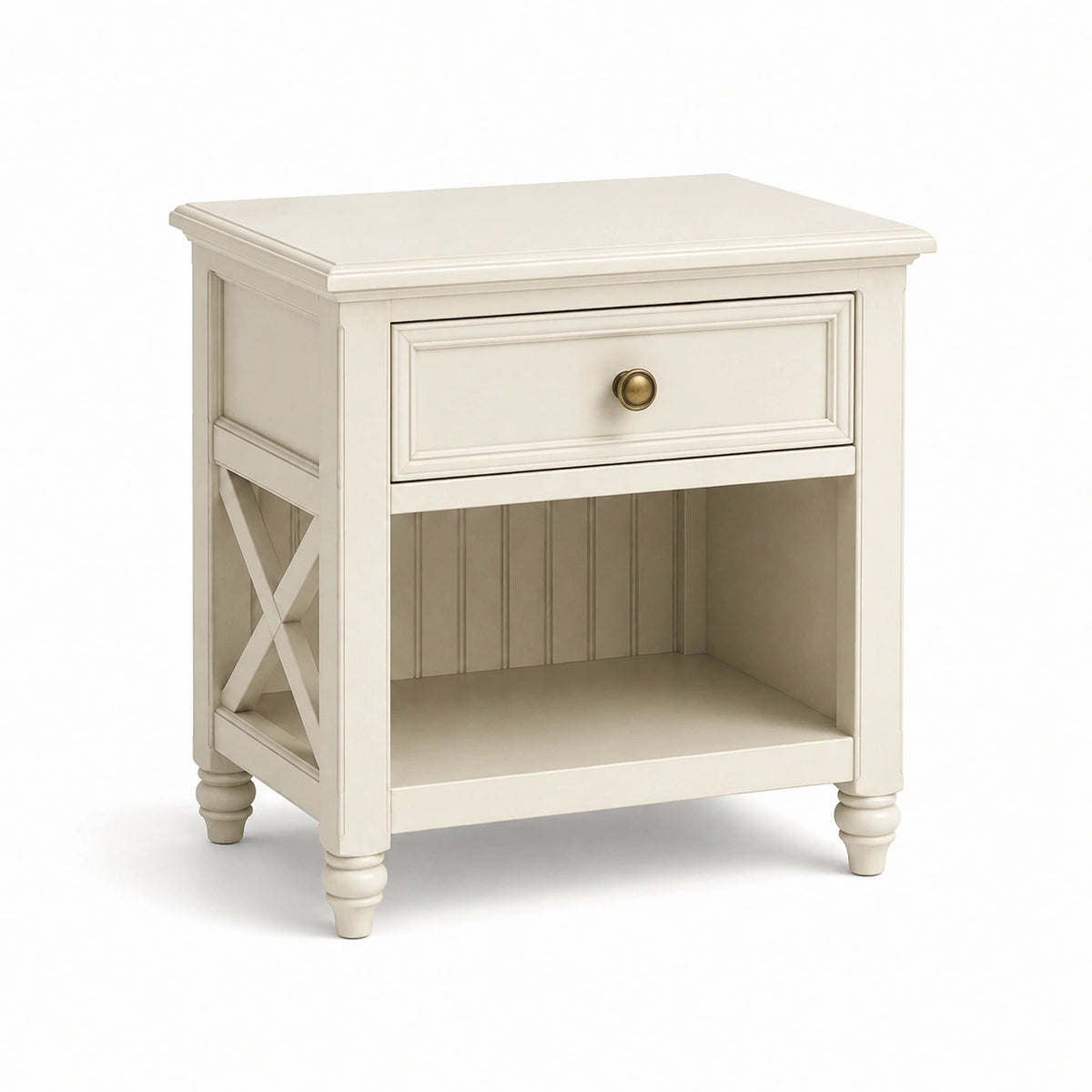 Table de chevet en bois blanc cassé avec finition laiton vieilli, 1 tiroir et niche ouverte, 55 x 42 x 65 cm