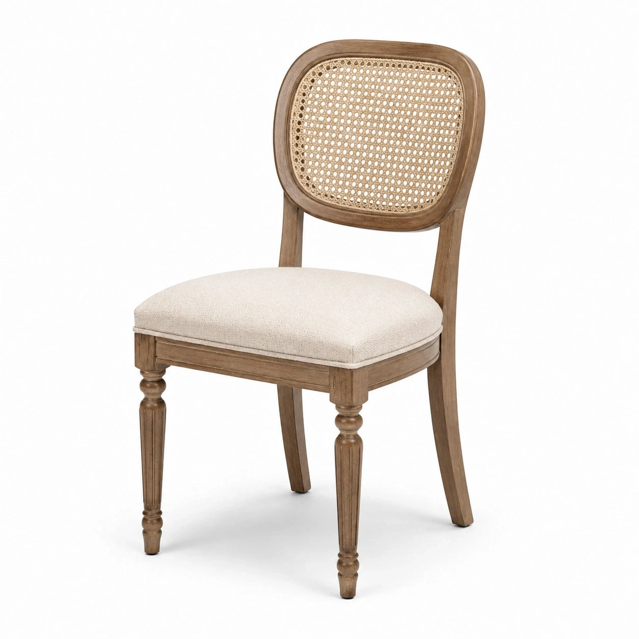 Chaise en bois brun avec dossier en cannage naturel et assise beige rembourrée, 50 x 56 x 92 cm