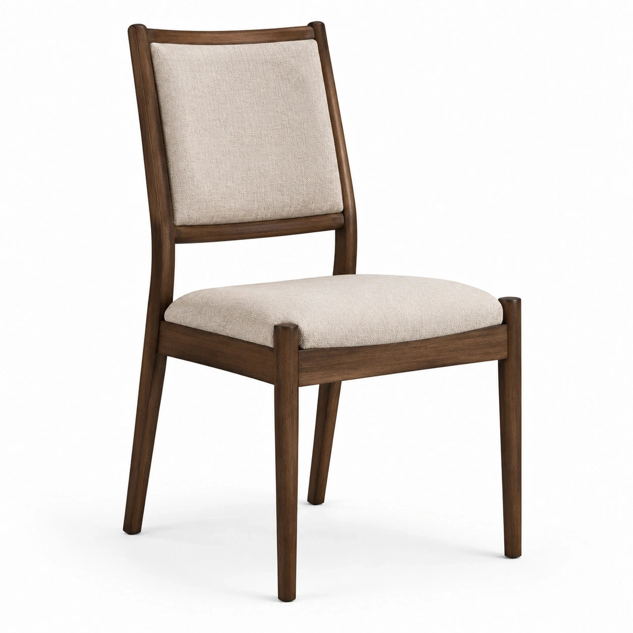 Chaise contemporaine en bois brun avec assise et dossier rembourrés en tissu beige, 52 x 58 x 86 cm